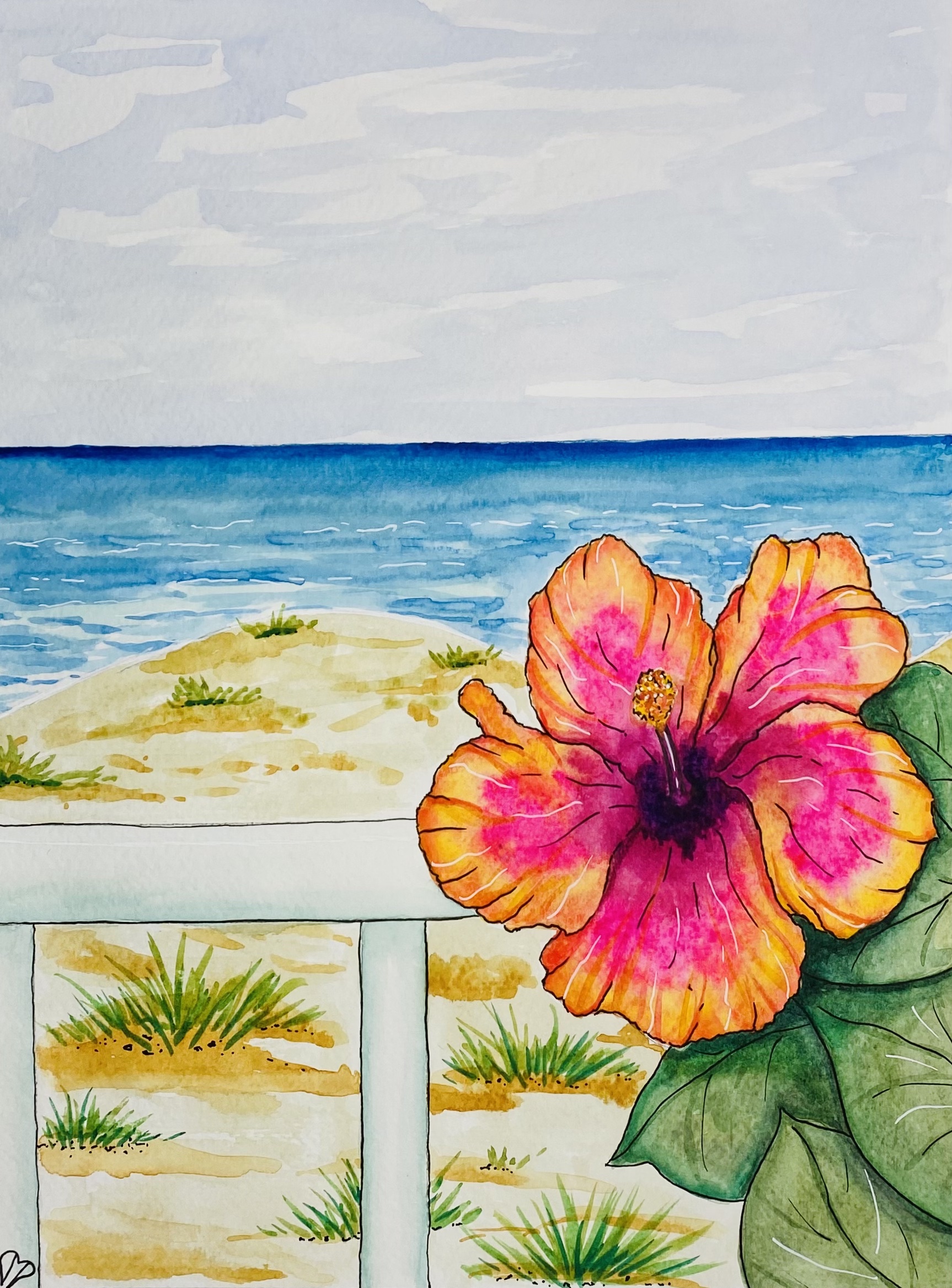 "Hibiscus at the Sea," by Dawn Marie Paul 9x12 inch Watercolor and Ink Original Art by Dawn Marie Paul at DMPaul.com